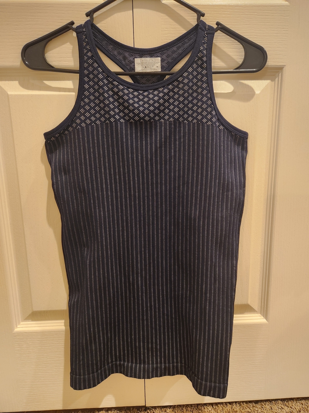 Athleta Navy Blue Striped Midi Dress with Mesh Yoke